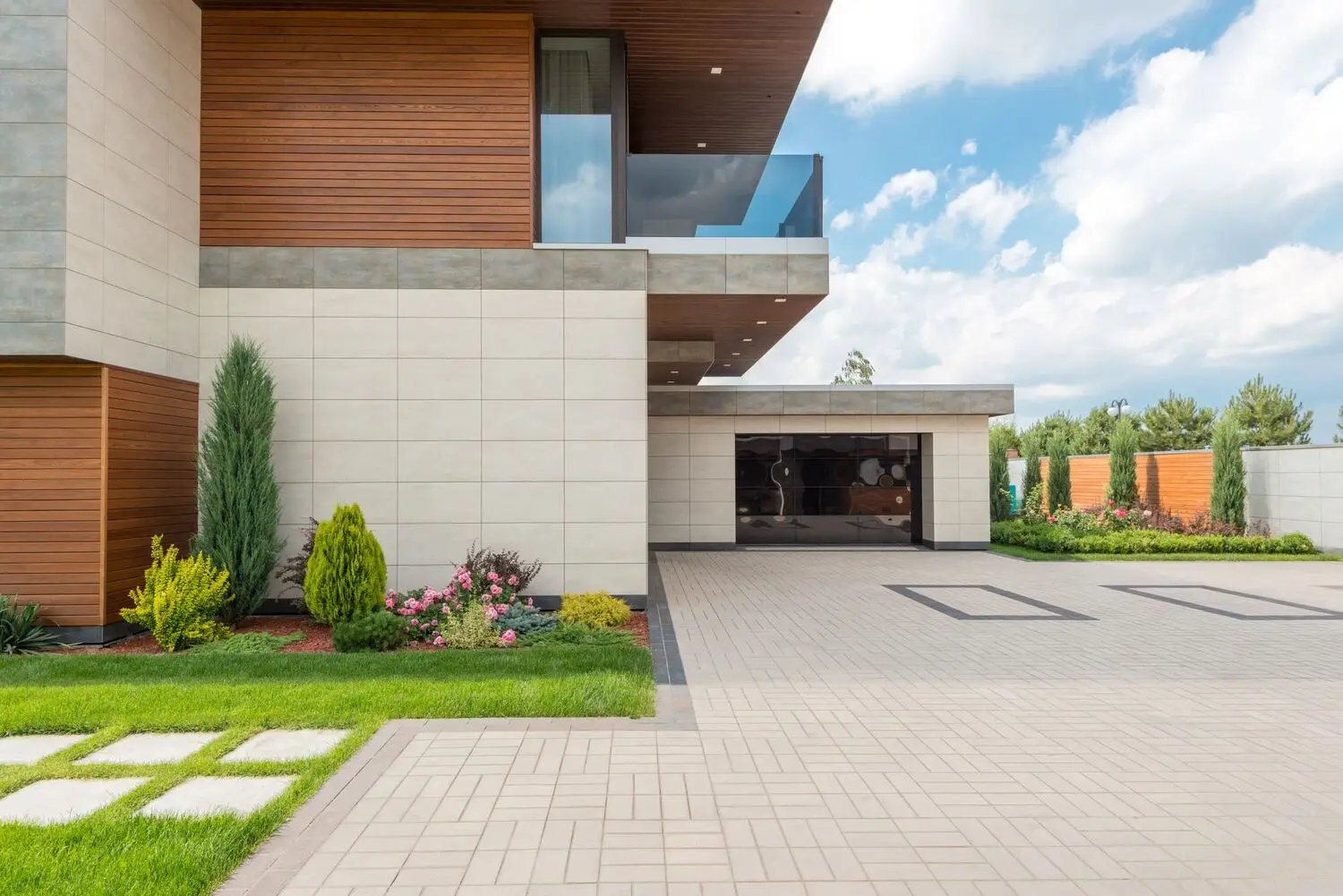 Modern home with a long driveway