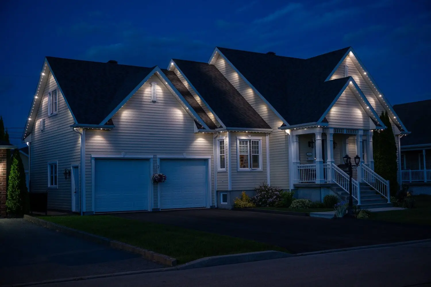 Home lit in crisp neutral white, the lamps reading as separate points