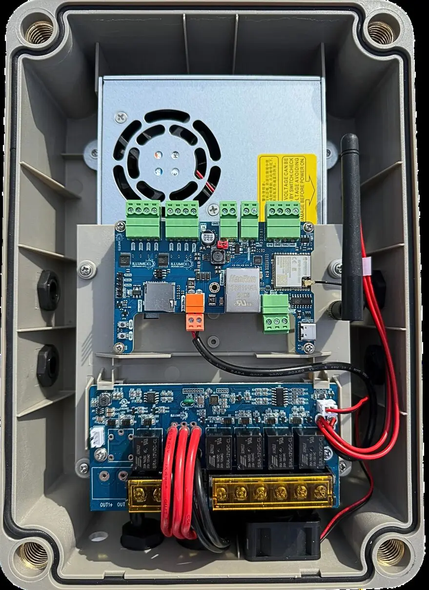 IllumiDEL Control Box with the enclosure open, showing the driver boards