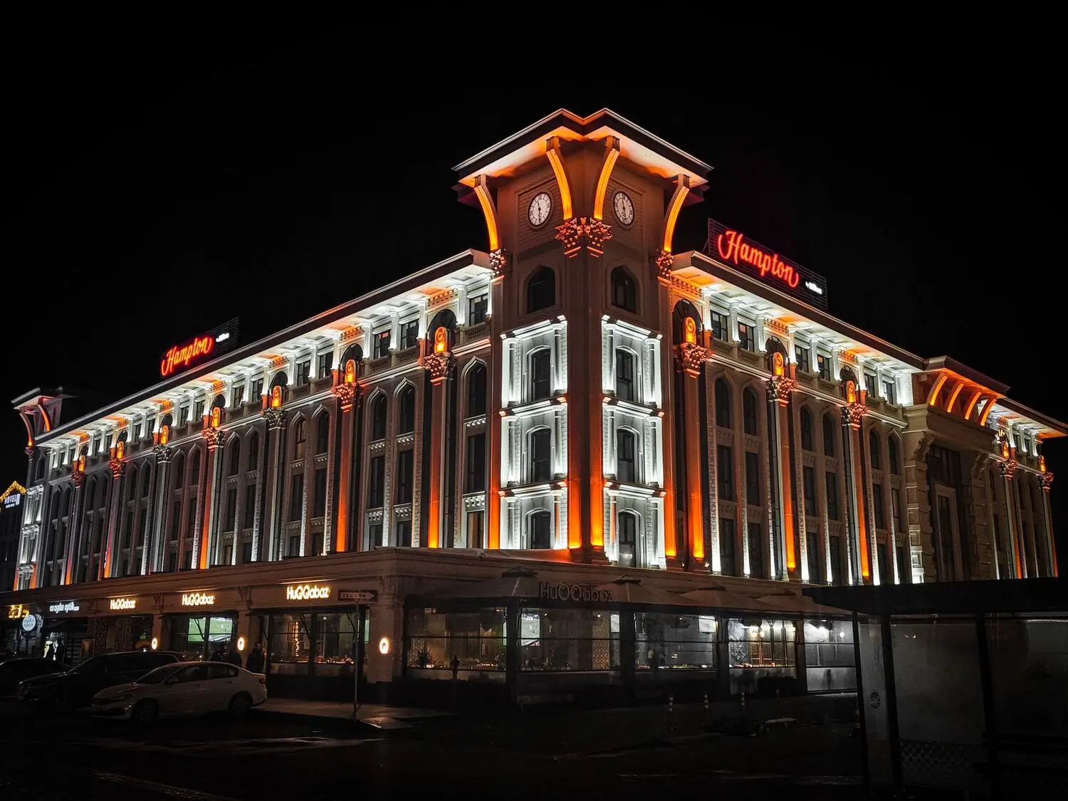 Illuminated hotel facade at night